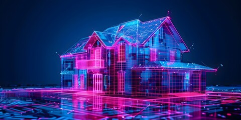 Poster - Neon Holographic Blueprint of Futuristic Architectural Innovation and Home Design Concept