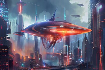 Poster - A futuristic spaceship hovers above a bustling cityscape, showcasing advanced technology and urban integration, Design a futuristic concept for a technology-driven business model