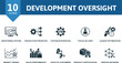 © Mariia - Development Oversight icon set. Monitoring System, Production Priorities, System Integration, Focus On User, Launch Optimization, Market Trends, Sales Performance, Voice Of Customers, Product