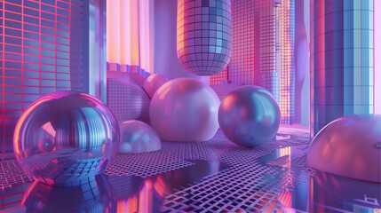Fototapete - Y2K abstract dimensional 3d space, studio interior with glossy figures and geometric shapes, retro background and banner.