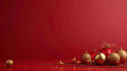 Poster - Red Background with Golden Christmas Ornaments