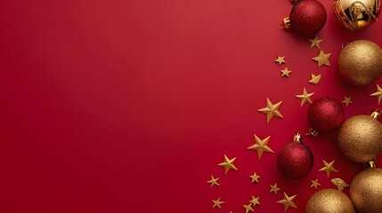 Sticker - Red Christmas Background with Golden Ornaments and Stars