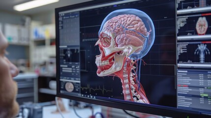 Poster - Human Skull and Brain Anatomy on Computer Screen.