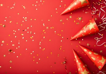 Sticker - Red Background with Golden Confetti and Party Hats