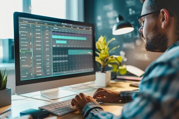 Poster - A man is sitting at a desk, focused on typing on a computer keyboard in front of a large monitor, Design a user-friendly interface with customizable widgets for scheduling and automation