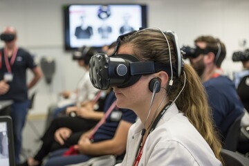 Poster - Multiple individuals using VR headsets in a classroom setting, Design a virtual reality experience for medical training