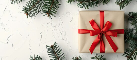 Poster - A present wrapped in craft paper with a red ribbon sits on a white background with Christmas tree branches ideal for a festive copy space image