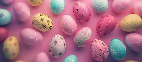 Aufkleber - Stylish concept conveyed through an aerial view of Easter eggs arranged neatly providing a designated area for text in the image. copy space available