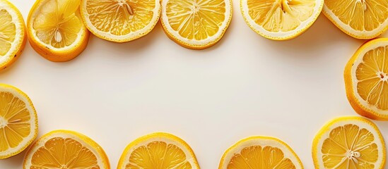 Aufkleber - Citrus lemon slices creating a patterned frame on a white table background with copy space image embodying the concept of hot summer refreshment through a setup of beverage ingredients