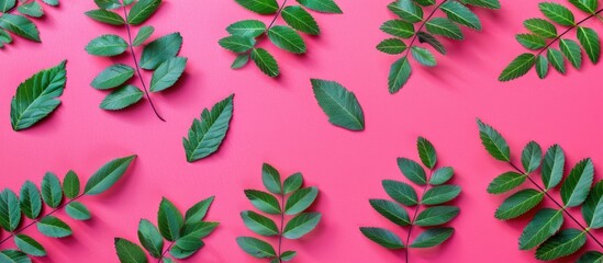 Leinwandbilder - Top view of a modern flat lay pattern featuring vibrant green rowan leaves on a bright pink square with copy space image in a sleek pop art style for framing text