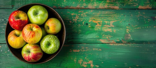 Poster - Top view of a metal bowl filled with green yellow and red apples placed in the left top corner on a green wooden background with copy space image