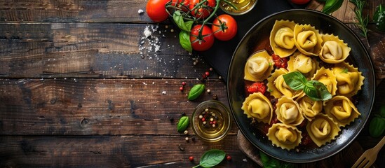 Poster - A top view of a menu concept featuring tortellini pasta stuffed ravioli with a food background and copy space image