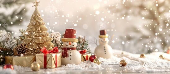 Poster - Festive Christmas setting featuring a golden tree cheerful snowmen and presents on a joyful background with copy space image