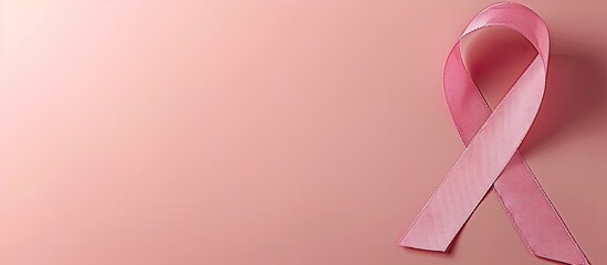 Pink breast cancer awareness ribbon isolated on a pink background with copy space image Conveys healthcare support and alertness in fighting breast cancer