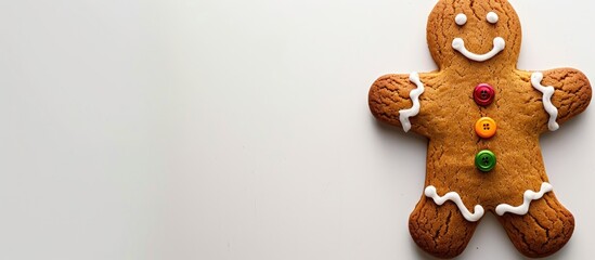Poster - A gingerbread man with buttons photographed against a white backdrop displaying ample copy space image