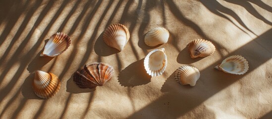 Poster - Various seashells with a palm branch shadow on a brown backdrop depicting summer vacation and travel shot in close up with room for text or images. copy space available