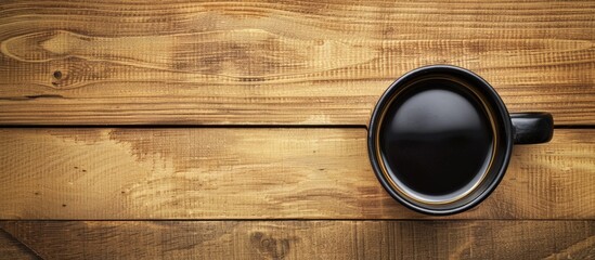 Aufkleber - Top view of a black coffee cup on a wooden table with a clear surface available for writing in the background space with no content for adding an inscription. copy space available