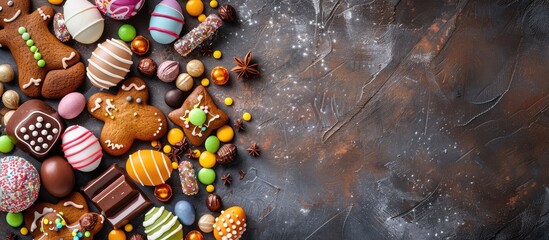 Aufkleber - Top down view of an Easter greeting card featuring a variety of colorful gingerbread cookies chocolate eggs and candies displayed on a stone table with copy space image
