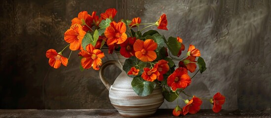 Aufkleber - A lovely arrangement of nasturtium flowers in a pitcher with space for text in a postcard worthy image. copy space available