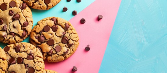 Poster - Delicious cookies with chocolate chips on a colorful backdrop with copy space image
