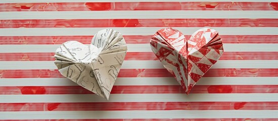 Poster - Two artisan made paper hearts displayed on a background with red and white stripes with copy space image
