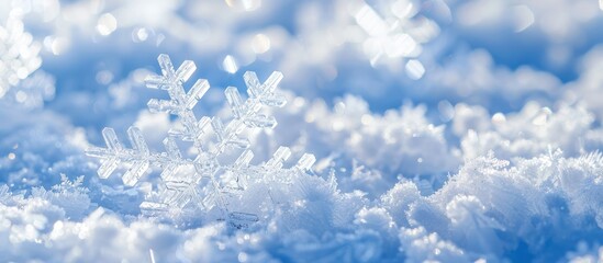 Aufkleber - Detailed closeup of large snowflakes on fresh clean snow set against a frosty day with a blue sky in the background ideal for a winter pattern with copy space image