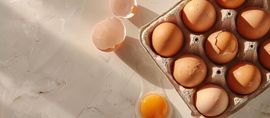 Poster - A high quality photo of chicken eggs in a container with a broken egg displayed on a light background with copy space image