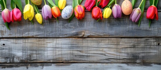 Aufkleber - Wooden frame decorated with Easter eggs and tulips perfect for a copy space image