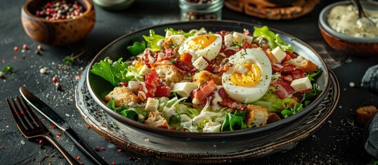 Poster - Lorraine cuisine with Vosges salad featuring egg bacon croutons lettuce and vinaigrette dressing beautifully displayed on a rustic table with copy space image in the background