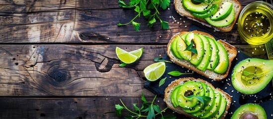 Poster - Healthy breakfast option for weight management Avocado toast with lime olive oil and greens on dark wood background with copy space image