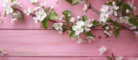 Fototapete - A blooming branch of a spring apple tree against a pink wooden backdrop providing a picturesque copy space image