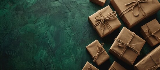 Poster - Gift boxes arranged elegantly on a textured green backdrop perfect for a copy space image