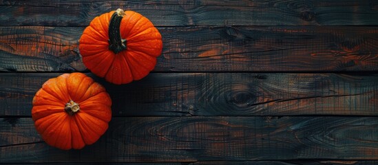 Poster - Copy space image featuring two pumpkins placed on a dark wooden surface symbolizing autumn harvest and Thanksgiving Top view perspective captured