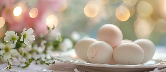 Poster - Focused on a close up of delicate white chicken eggs on a festively set Easter table with room for text or other imagery copy space image