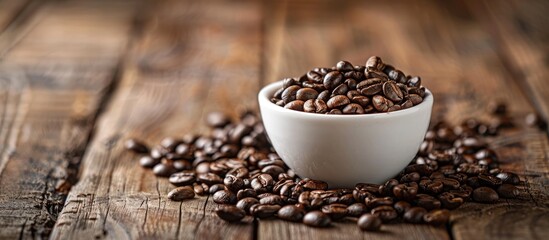 Poster - Selective focus on a cup of coffee beans against a wooden backdrop showing a cropped segment with ample copy space image