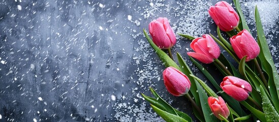 Aufkleber - Top view of pink tulips on snowy surface with copy space image