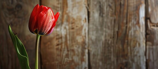 Aufkleber - Selective focus on a tulip against a rustic wooden backdrop with copy space image available