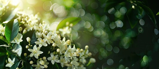 Aufkleber - Blooming Ligustrum Vicaryi bush with white flowers against a blurred dark green background ideal for nature themed design with copy space image