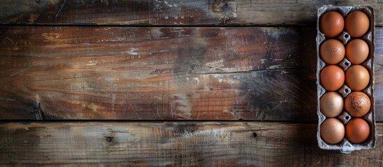 Aufkleber - Close up of chicken eggs in an egg box on a vintage wooden background with copy space image