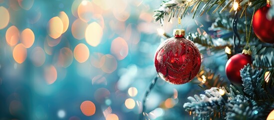 Poster - An ornament dangles from the Christmas tree creating a festive and colorful scene enhancing the copy space image