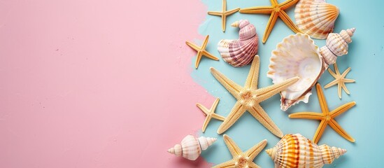 Poster - Top view flat lay composition featuring lovely starfish and seashells on a colorful table perfect for a summer time concept with copy space image for text