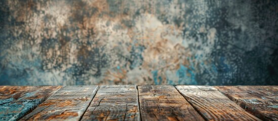 Aufkleber - Close up of a rustic wooden surface with horizontal boards and a textured old wall in the background providing copy space for images