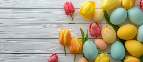 Aufkleber - Top view of a spring themed scene featuring vibrant eggs yellow tulips and copy space on white wood