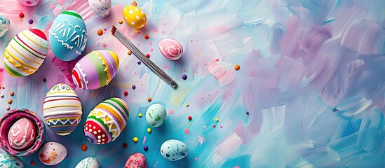 Poster - Coloring Easter eggs with various vibrant hues on a table with an Easter themed backdrop perfect for copy space image