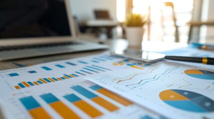 Aufkleber - A close-up of a financial report with detailed business graphs and charts spread out on a desk.