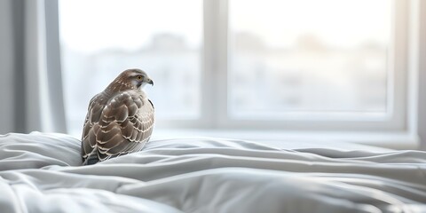 Sticker - Hawk perched on a bed in a contemporary apartment. Concept Bird photography, Interior design, Unique juxtaposition