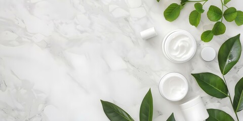 Wall Mural - Natural Skincare Products and Green Leaves Arranged in a Flat Lay on White Marble. Concept Skincare, Green Leaves, Flat Lay, White Marble, Natural Products