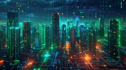 Futuristic Smart Cyber City illustration: Innovative Urban Landscape in Digital Circuitry, futuristic technology concept, Graphic Resources, Wallpapers, Brochure, Websites, banner design, Advertising,