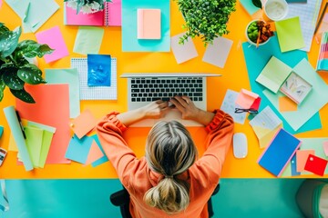 Poster - a woman sitting at a vibrant desk, focused on her laptop screen while typing, designing engaging soc