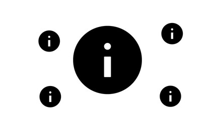 Poster - Zoom in and out animation the info symbol. Large black symbol in the center and four small symbols around. Seamless looped 4k animation on white background